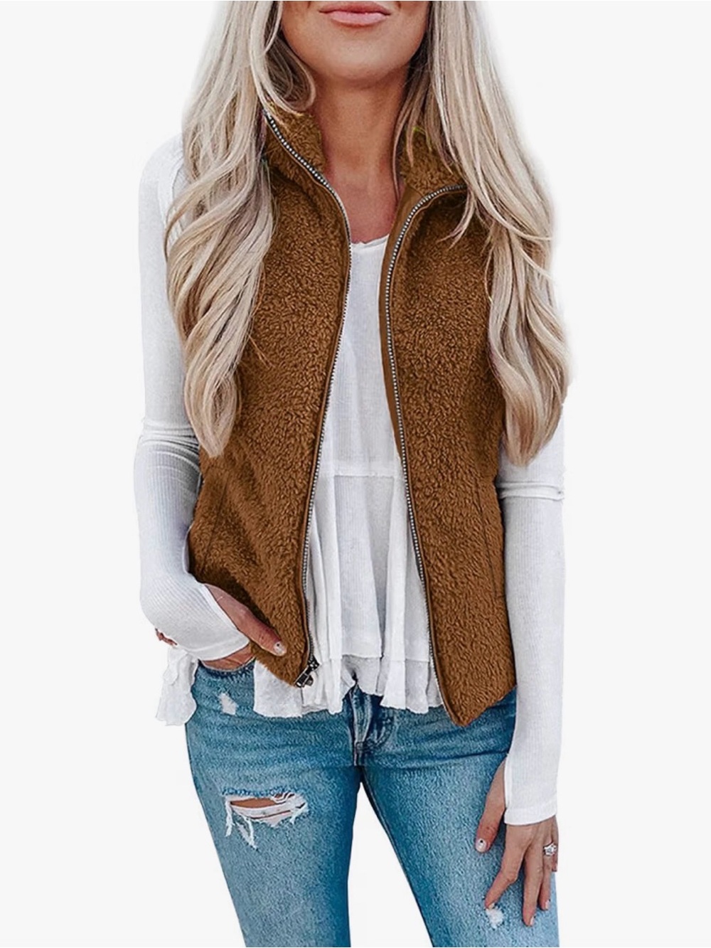 Cozy Brown Teddy Zip-Up Vest for Women
